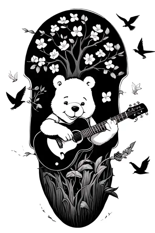 Pooh Bear Guitar Trees Blossoms Birds Flying
