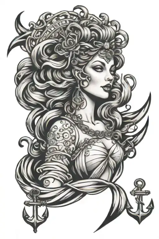 Nautical Female Goddess With Waves And Anchors