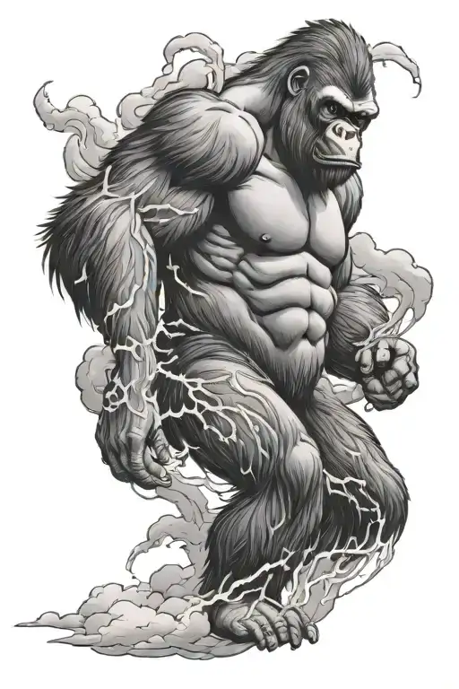A Gorilla Surrounded By Thunders Coming Out Of Clouds