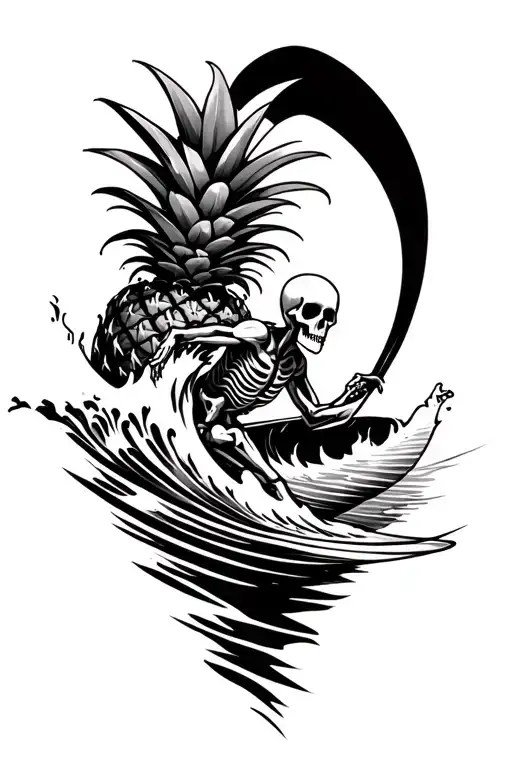 Wave Forming From Hawaiian Tribal Pineapple And A Skeleton Surfing That Wave