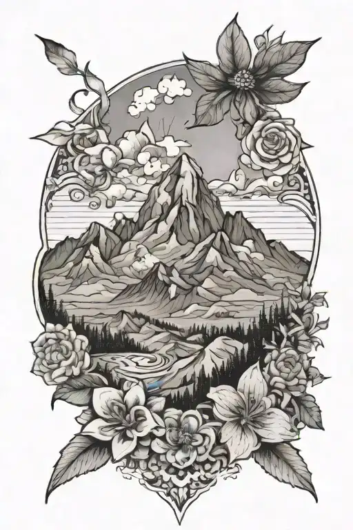 A Black And Grey Tattoo Of A Mountain Range With Intricate Flower Patterns Intertwined