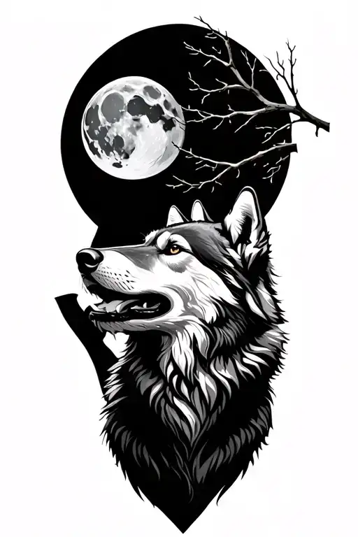 Wolf Howling At The Moon In Front Of A Tree Branches
