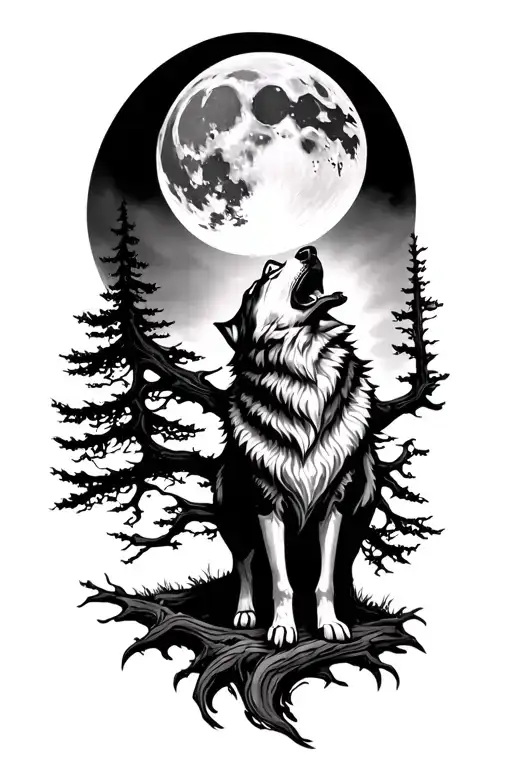 Wolf Howling At The Moon In Front Of A Big Tree Surrounded