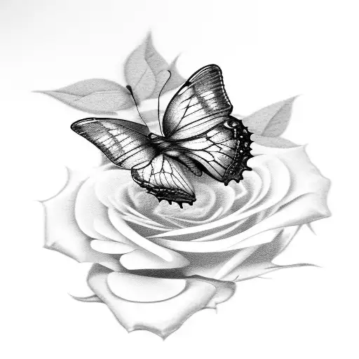 Design A Realistic Black And Grey Tattoo Of A Butterfly Resting On A Bed Of Roses