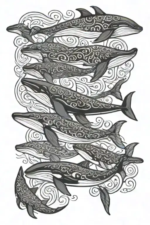 Pod Of 5 Whales And 3 Baby Whales Swimming Through Traditional Polynesian Tattoo Pattern