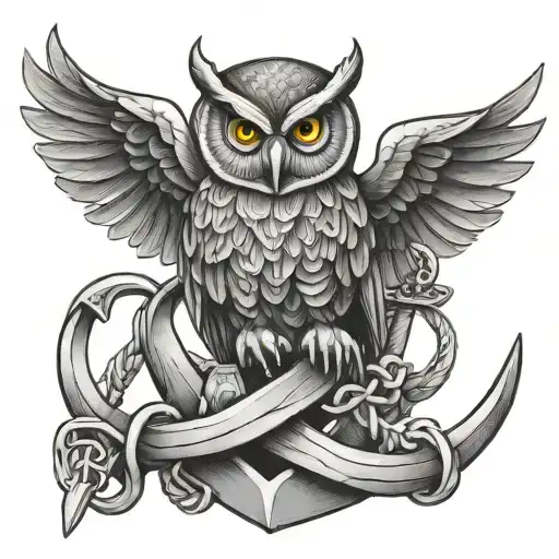 Owl Perched On An Big Anchor Intertwined