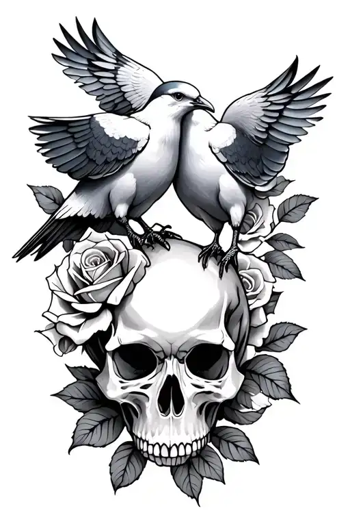 2 Small Doves With Skull And Roses