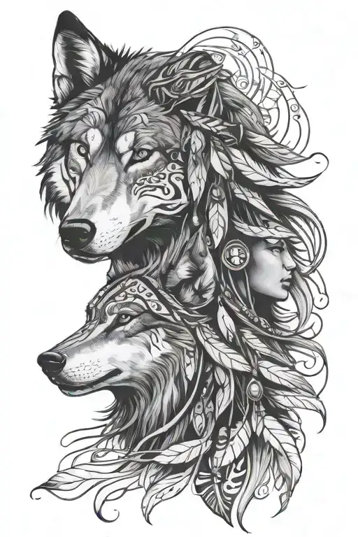 Native American Wolf And Woman