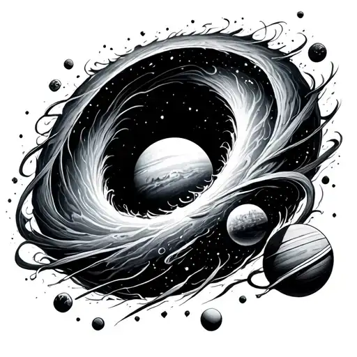 Realistic Fine-line Black Hole Tattoo With Cosmic Swirl And Planet Debris