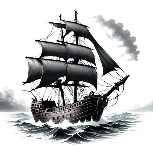 Pirate Ship Sailing Through Stormy Broken Beaten Up