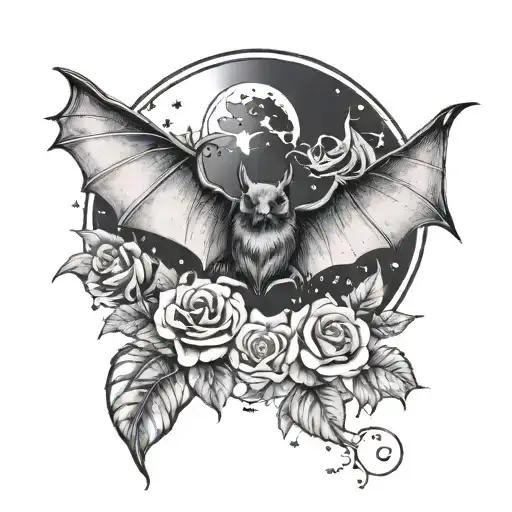 Bat With Celestial Design Elements Encircled With Roses
