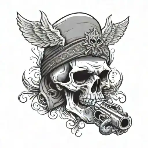 Skull With Pistol Wearing A Bandana On The Head Surrounded