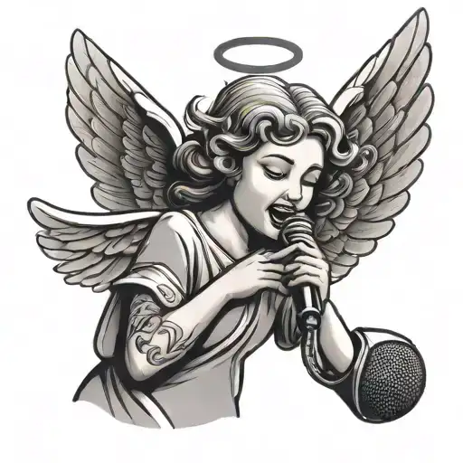 Cartoon Of An Angel Singing Into A Microphone Side View