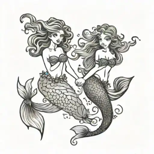 Sister Mermaids Holding Hands