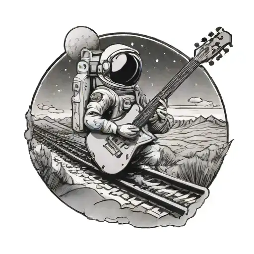 An Astronaut Playing A Guitar On A Moonlit Train Track In A Dreamy Landscape