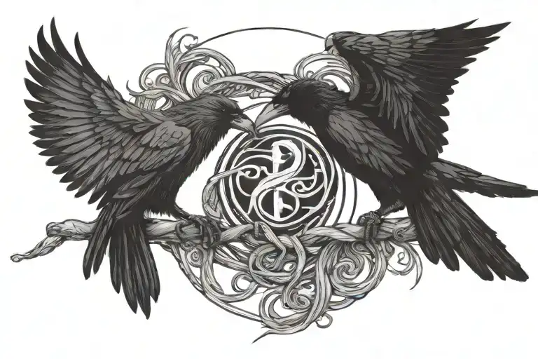 Two Norse Crows Pulling A Piece Of Twine With The Yin And Yang Symbol Hanging From The Twine