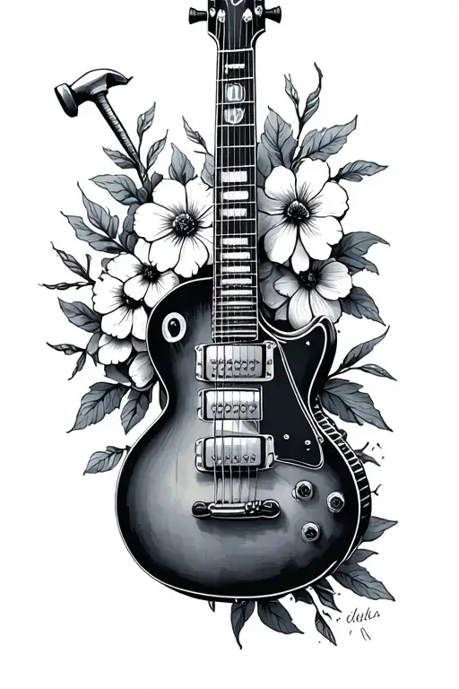 Guitar With Hammer As Neck With Flower Strings