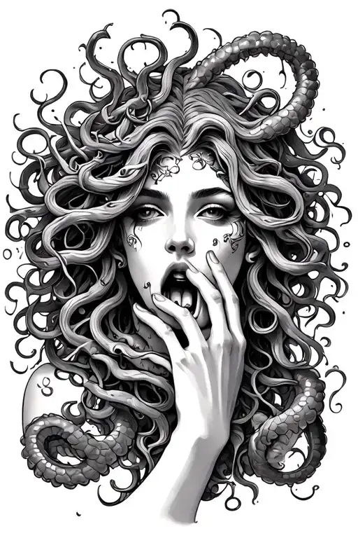 Beautiful Medusa Tattoo With A Someone's Hand Covering Her Mouth
