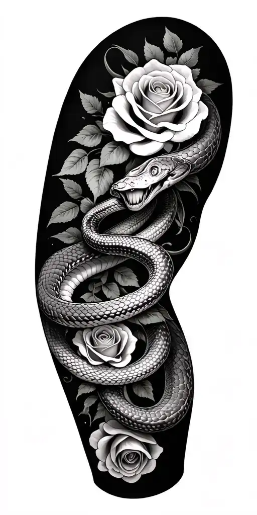 Arm Sleeve With Snake Wrapped Around It With Roses Spaced Out