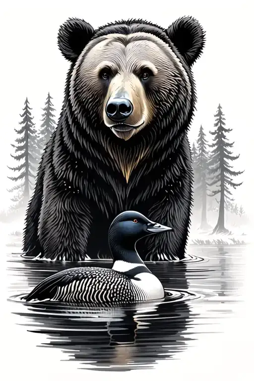 Bear In The Forest And A Loon In Water