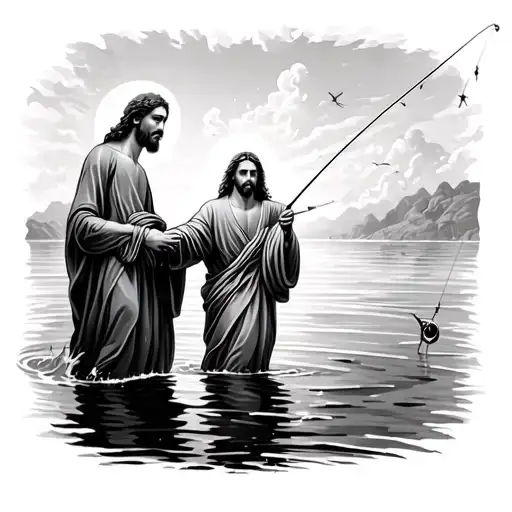 Jesus Walking In Water With The Apostle Peter Fishing