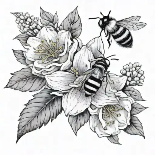 Simple Floral Tattoo With Jay Bird And Bumble Bee