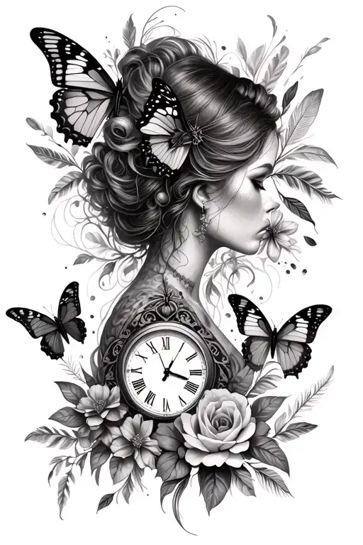 Resilient Woman With Clock Butterflies Flowers Feathers