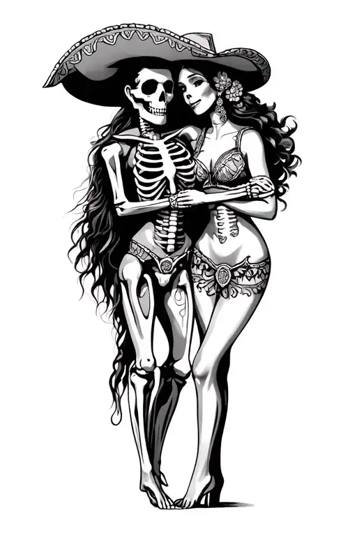 Skeleton Charro Hugging Attractive Mexican Woman