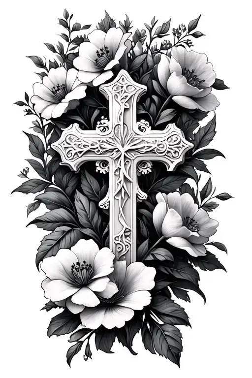 White Cross With Flowers In Background