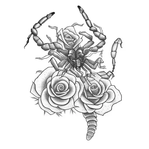 A Realistic Black-grey Tattoo Of A Scorpion Surrounded By Blooming Roses