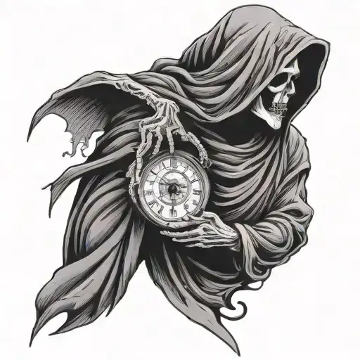 Grim Reaper Side Profile Holding A Clock