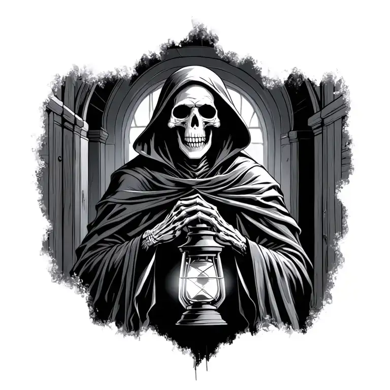 Skeletal Reaper Holding A Lantern In A Dark Hallway