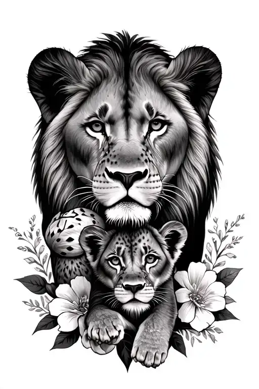 Lioness Protecting Cub With Florals At Bottom Around The Cubs Feet