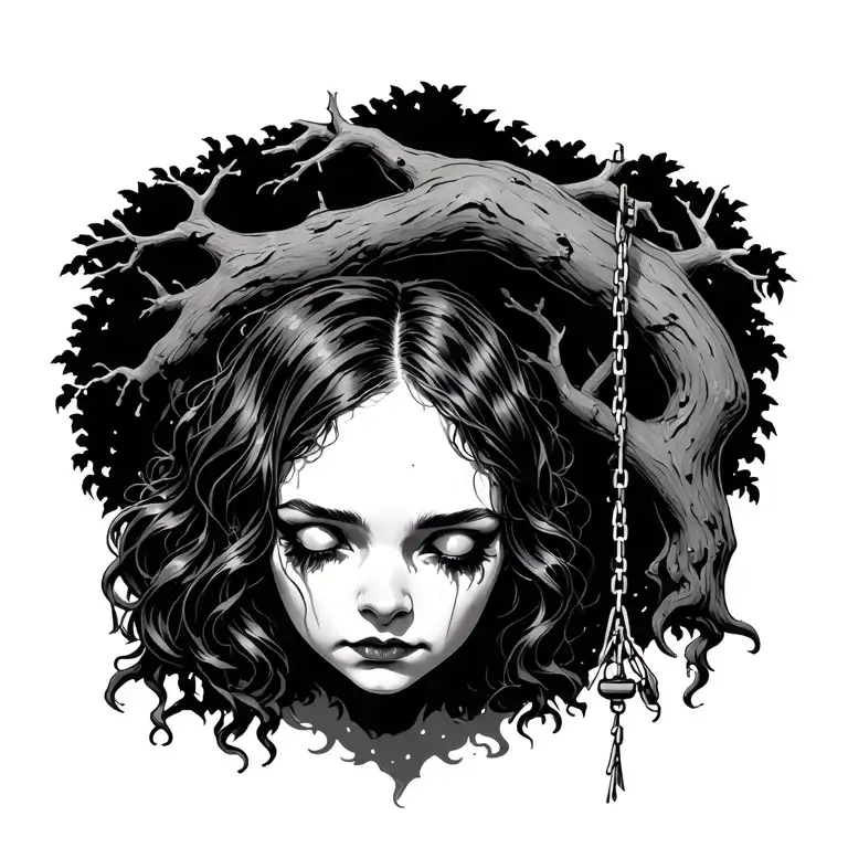 Creepy Female Head Looking Down On Single Swing Hanging From Creepy Of Tree