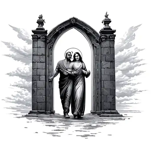 Mother And Father Walking Son Through Heavens Gates