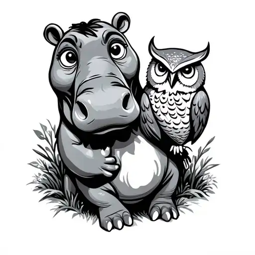 Cartoon Hippo And Owl In A Forest