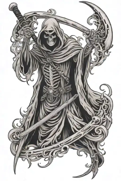 Grim Reaper With Flames Behind It Holding Scythe