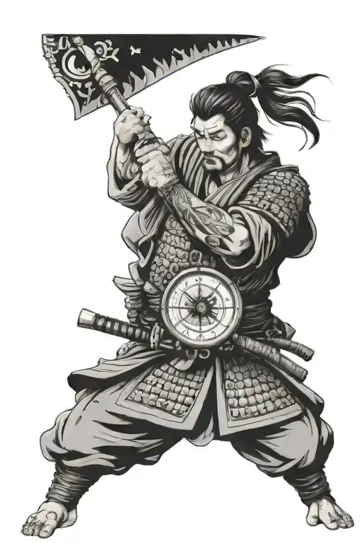 Samurai Holds A Compass In His Hand