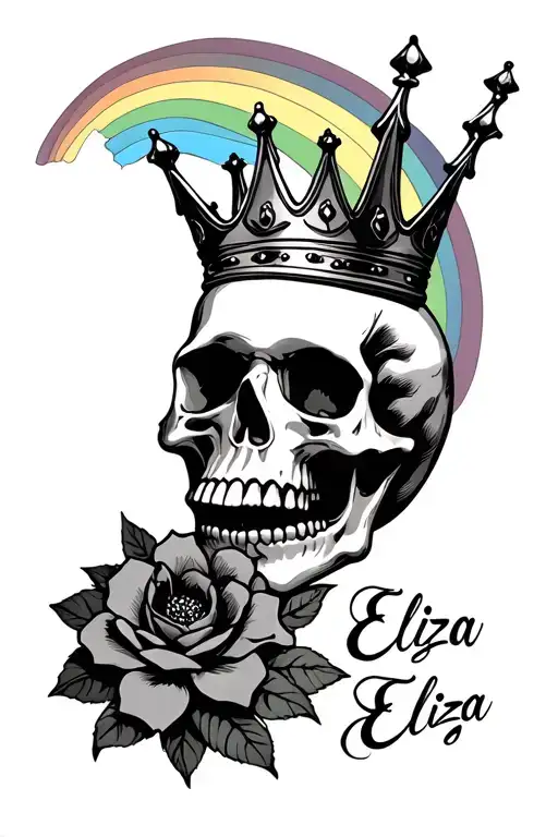 Rainbow And Gothic Skull With Tilted Crown A Flowe And The Name Eliza