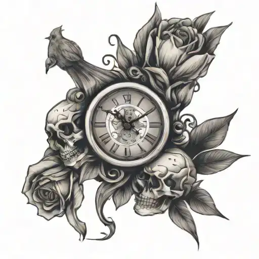 Arm Sleeve Doves Clock Skull Hand Holding A Bouquet