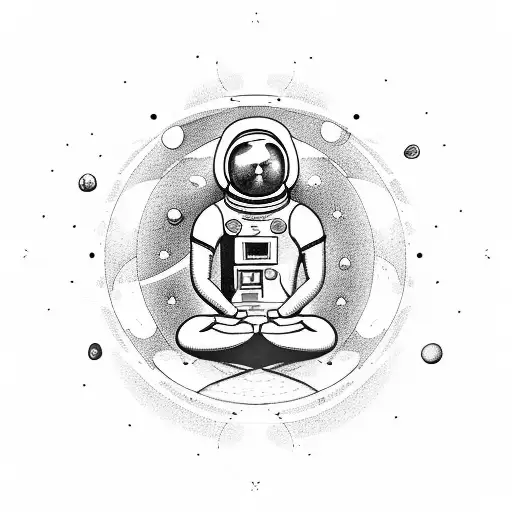 Meditating Astronaut Sitting Cross Legged Listenting To Music With Planets Revolving Around Him