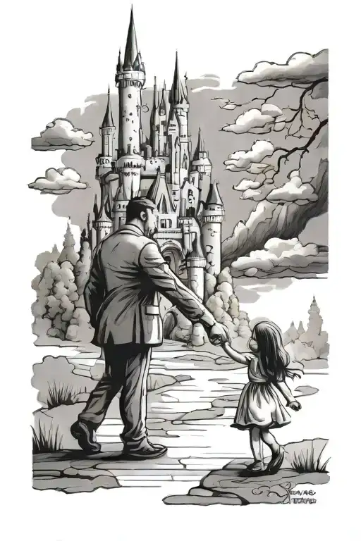 Disney Castle & Father Daughter Holding Hands