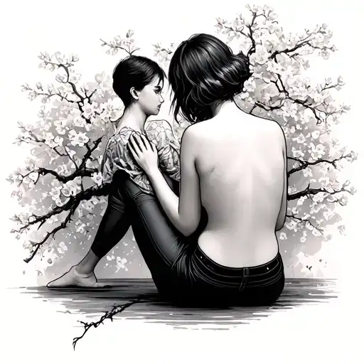 Mom Tell Him From Behind Sitting On Cherry Blossom