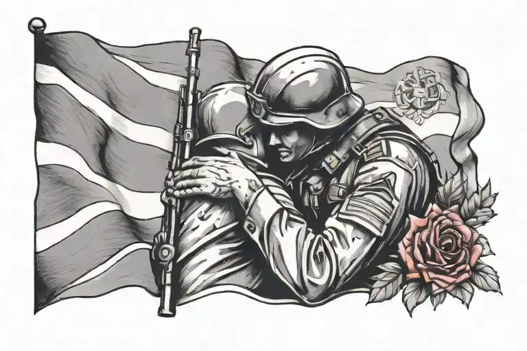 Create A Tattoo Design Of A Soldier Embracing A Loved One With The Belarus Flag In The Background