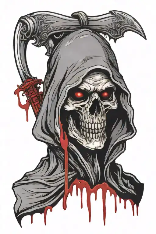 Grim Reaper With Blood Dripping From Blade Hood Covering His Face