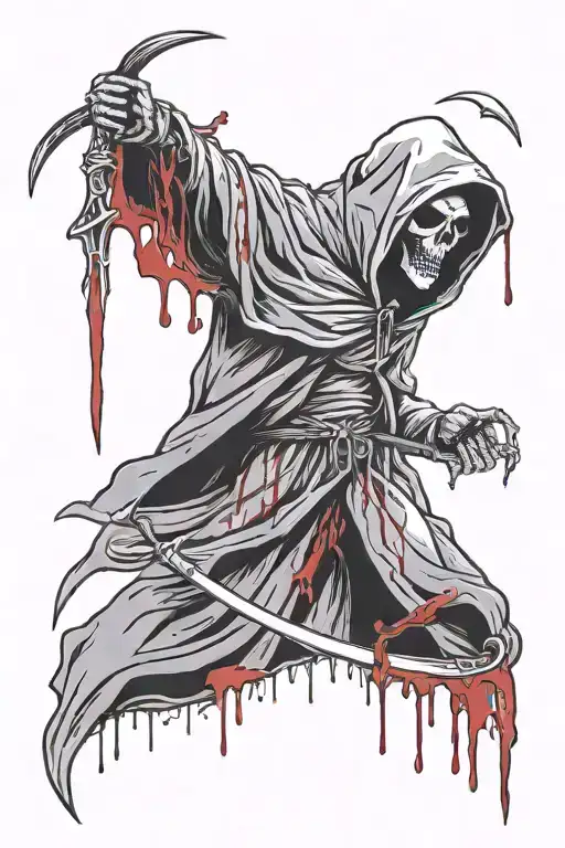 Grim Reaper With Blood Dripping From Blade Hood Covering His Face So You Can't See Face