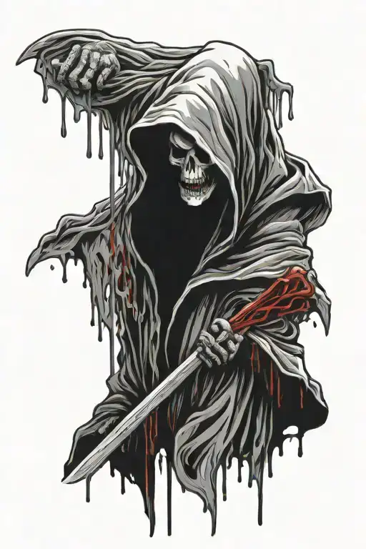 Grim Reaper With Blood Dripping From Blade Hood Covering His Face So You Can't See Face