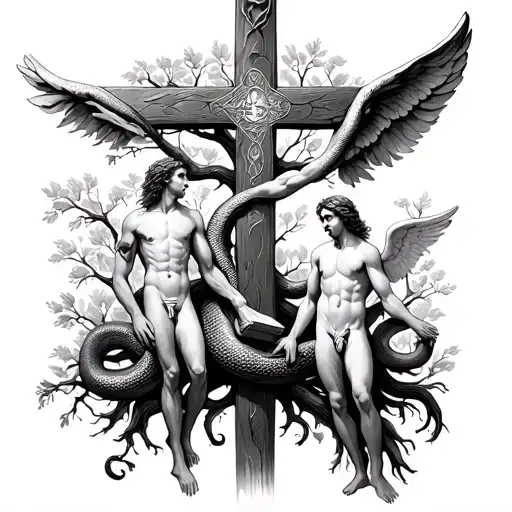 Biblical Cross And Adam And Eve At The Tree Of Knowledge With The Serpent With A Bible And An Angel