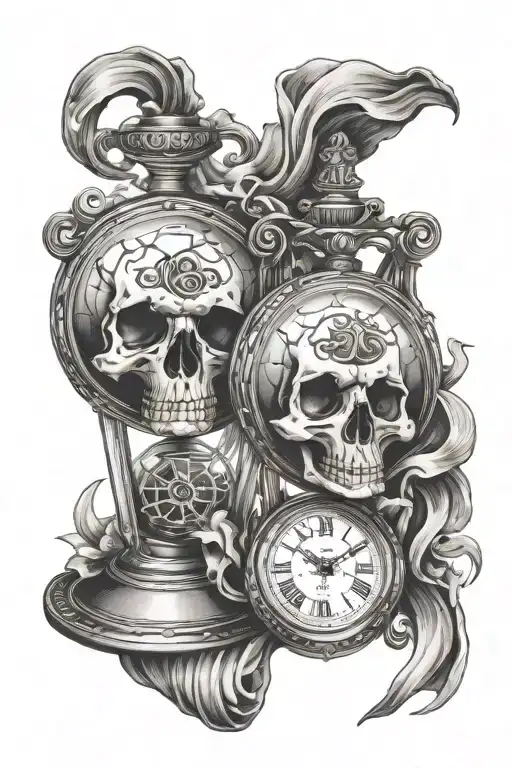 Two Pocket Watches Hourglass Skull Window
