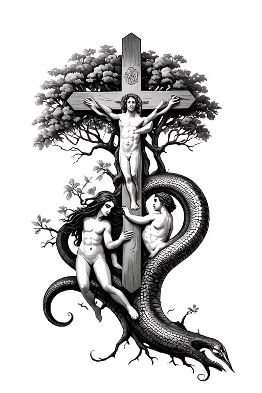 Biblical Cross And Adam And Eve At The Tree Of Knowledge With The Serpent